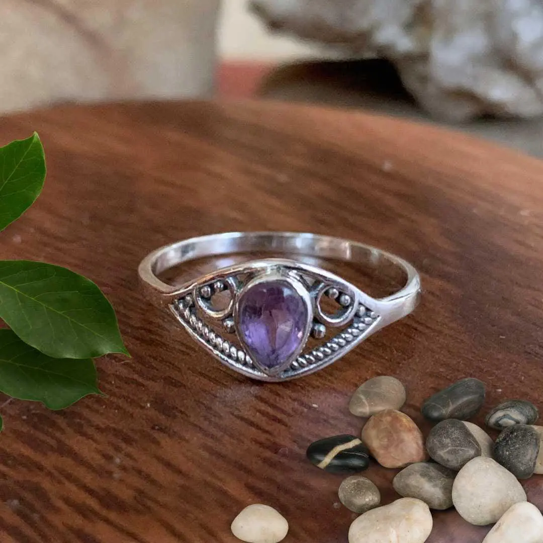 an image of a Dainty Teardrop Amethyst Sterling Silver Ring