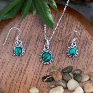 an image of a Dainty Sterling Silver and Malachite Pendant and Earrings Set