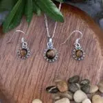 an image of a Dainty Sterling Silver and Tiger's Eye Pendant and Earrings Set