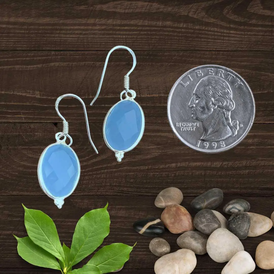 an image of a pair of Blue Chalcedony and Sterling Silver Oval Earrings next to a quarter