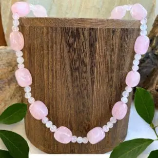 an image of a Rose Quartz Beaded Barrels Necklace