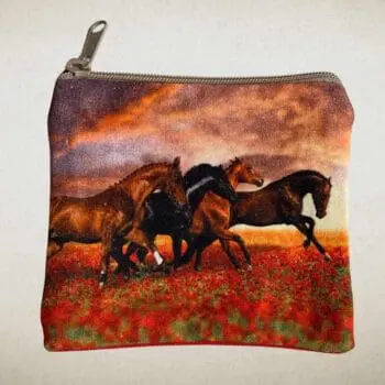 an image of a Coin Purse with 4 horses running in a field of red poppies