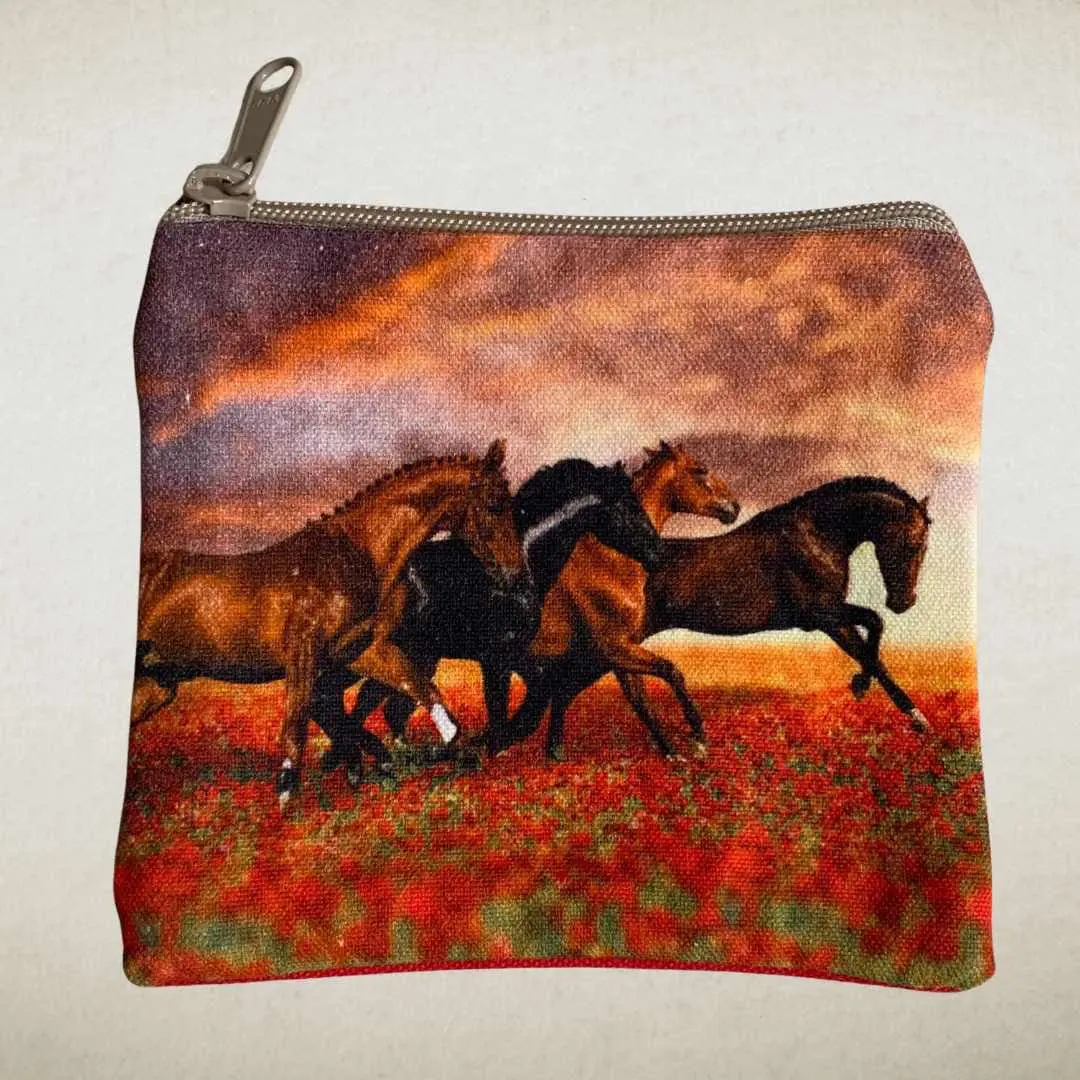 an image of a Coin Purse with 4 horses running in a field of red poppies