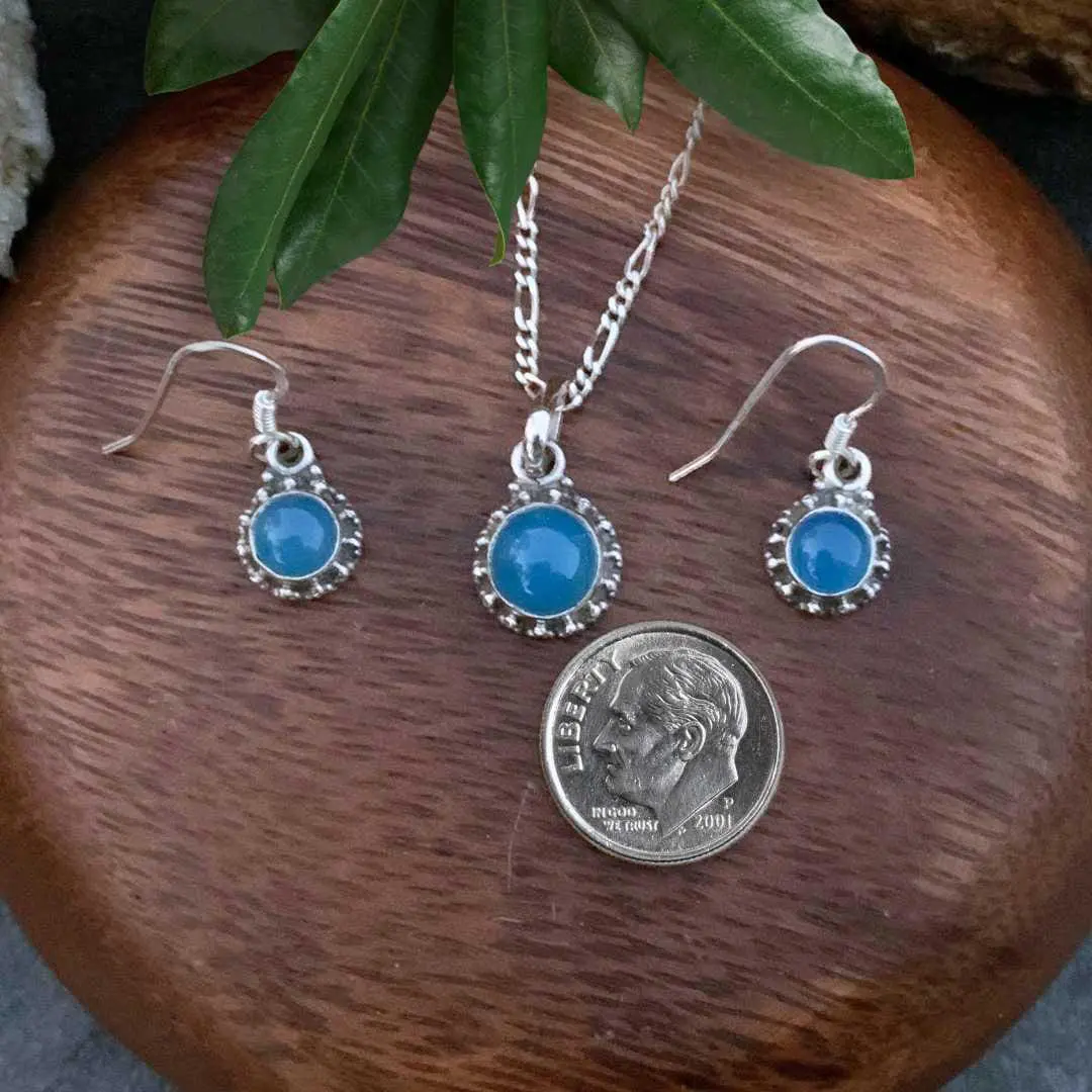 an image of a Sterling Silver and Blue Chalcedony Pendant and Earrings Set