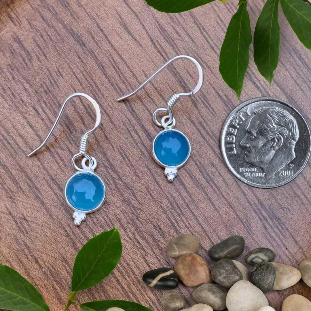 an image of a pair of Petite Round Blue Chalcedony and Sterling Silver Earrings next to a dime