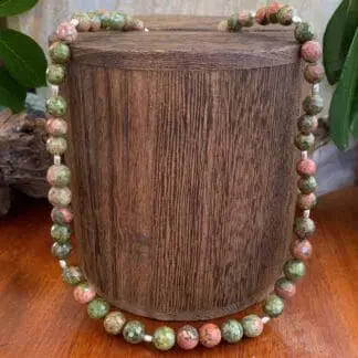 an image of a Faceted Unakite and Sterling Silver Beaded Necklace