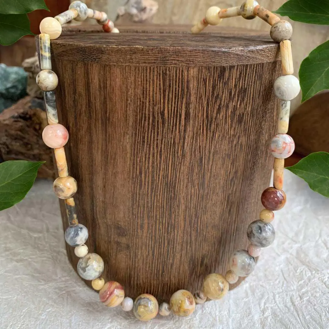 an image of a Crazy Lace Agate Round and Tube Beads Necklace