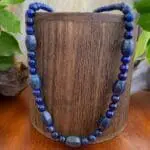 an image of a Lapis Lazuli Melon Barrel Mixed Bead Necklace that is 24.5 inches long