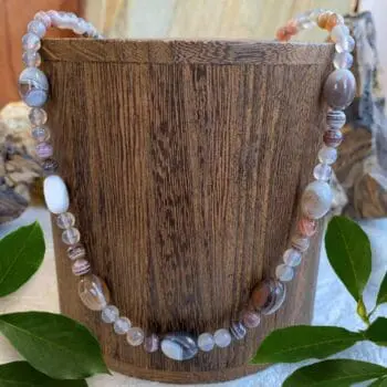 an image of a Botswana and Grey Agate Beaded Necklace that is 19.5 inches long and has a sterling silver lobster clasp.