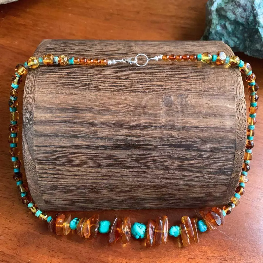 an image of a Amber and Turquoise Beaded Necklace showing the sterling silver lobster clasp