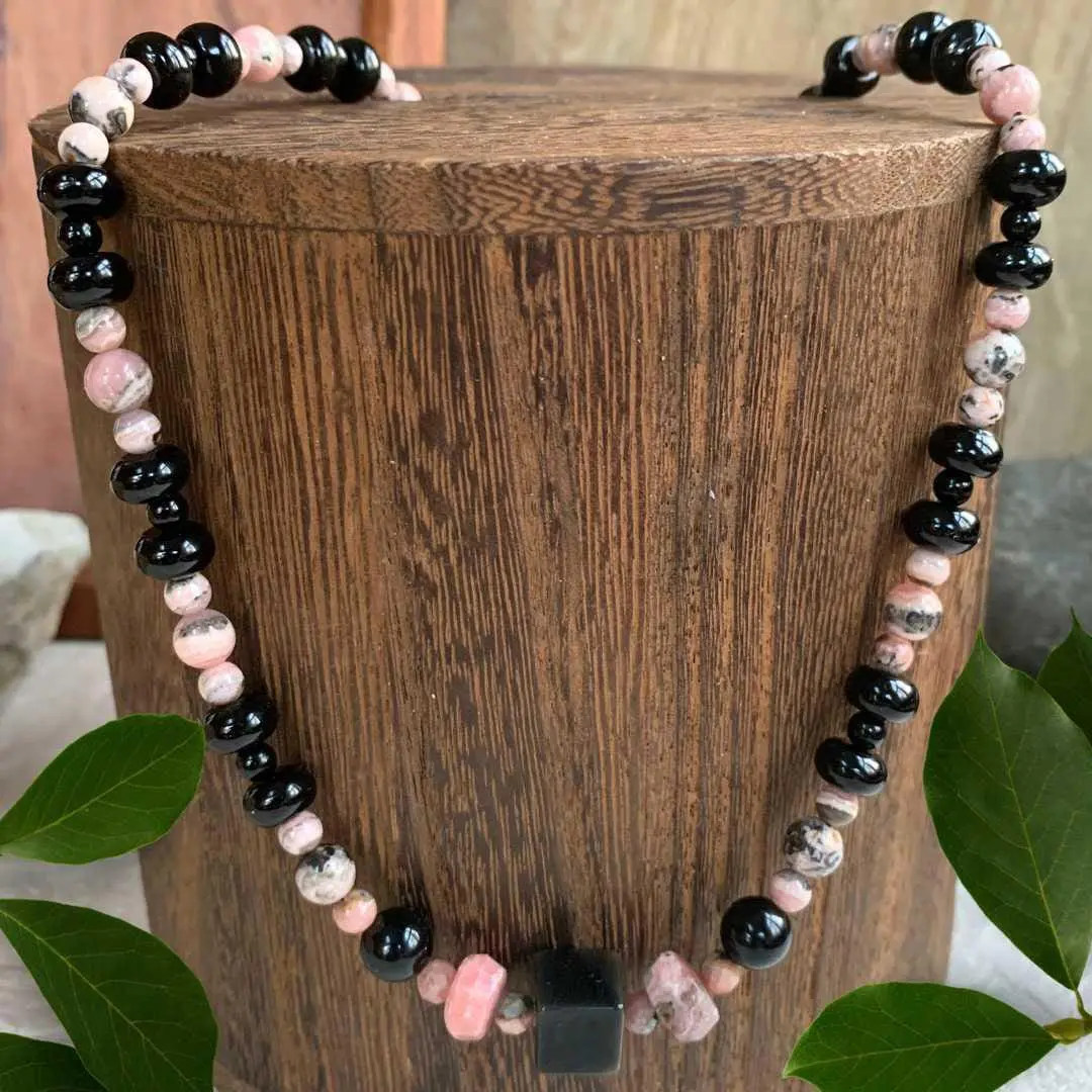 an image of a Rhodochrosite and Black Onyx Beaded Necklace