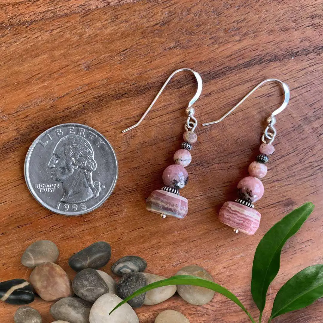 an image of a pair of Rhodochrosite and Sterling Silver Beaded Earrings next to a quarter