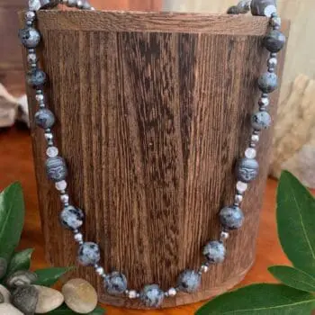 an image of a Hematite Buddhas with Faceted Larvikite Beaded Necklace