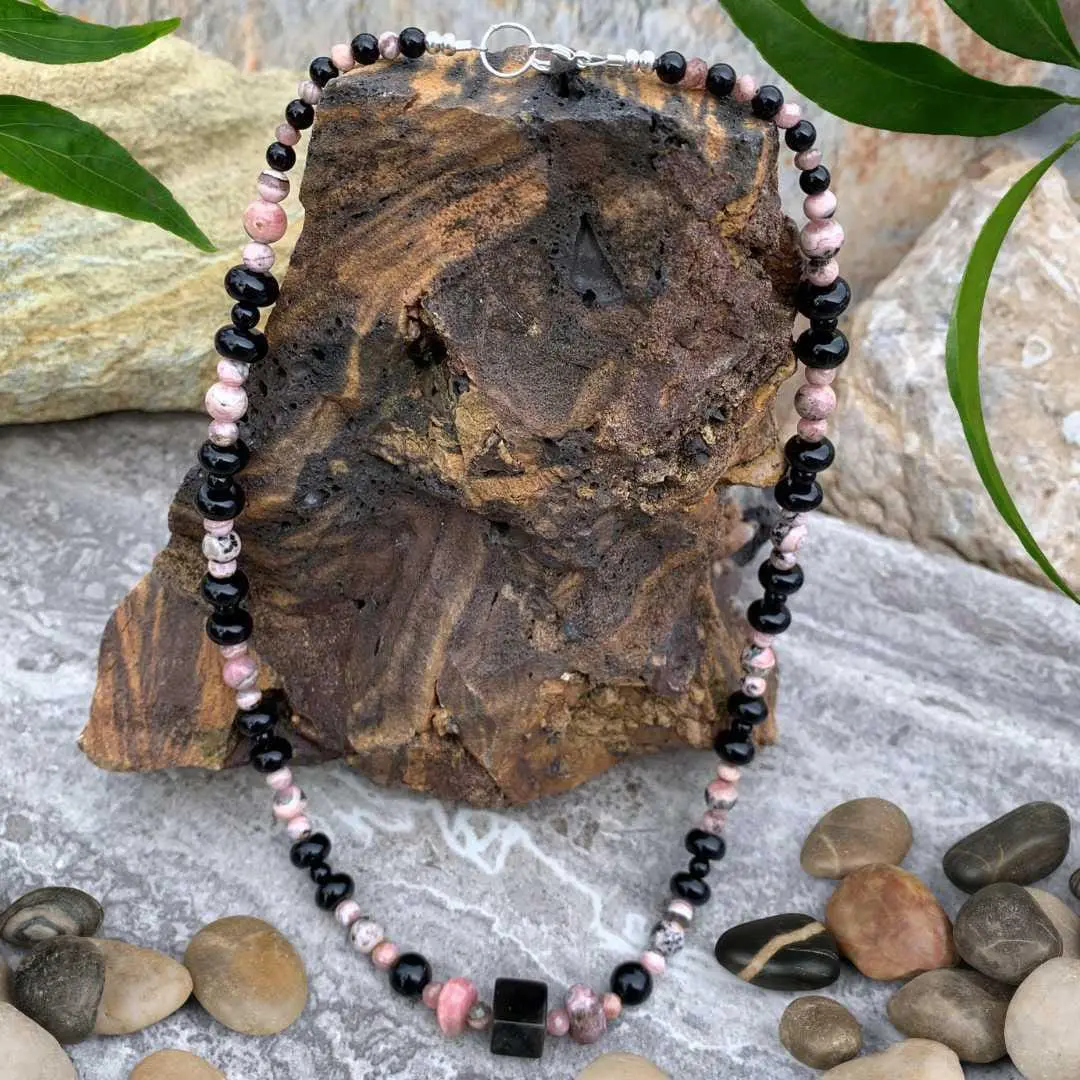 an image of a Rhodochrosite and Black Onyx Beaded Necklace