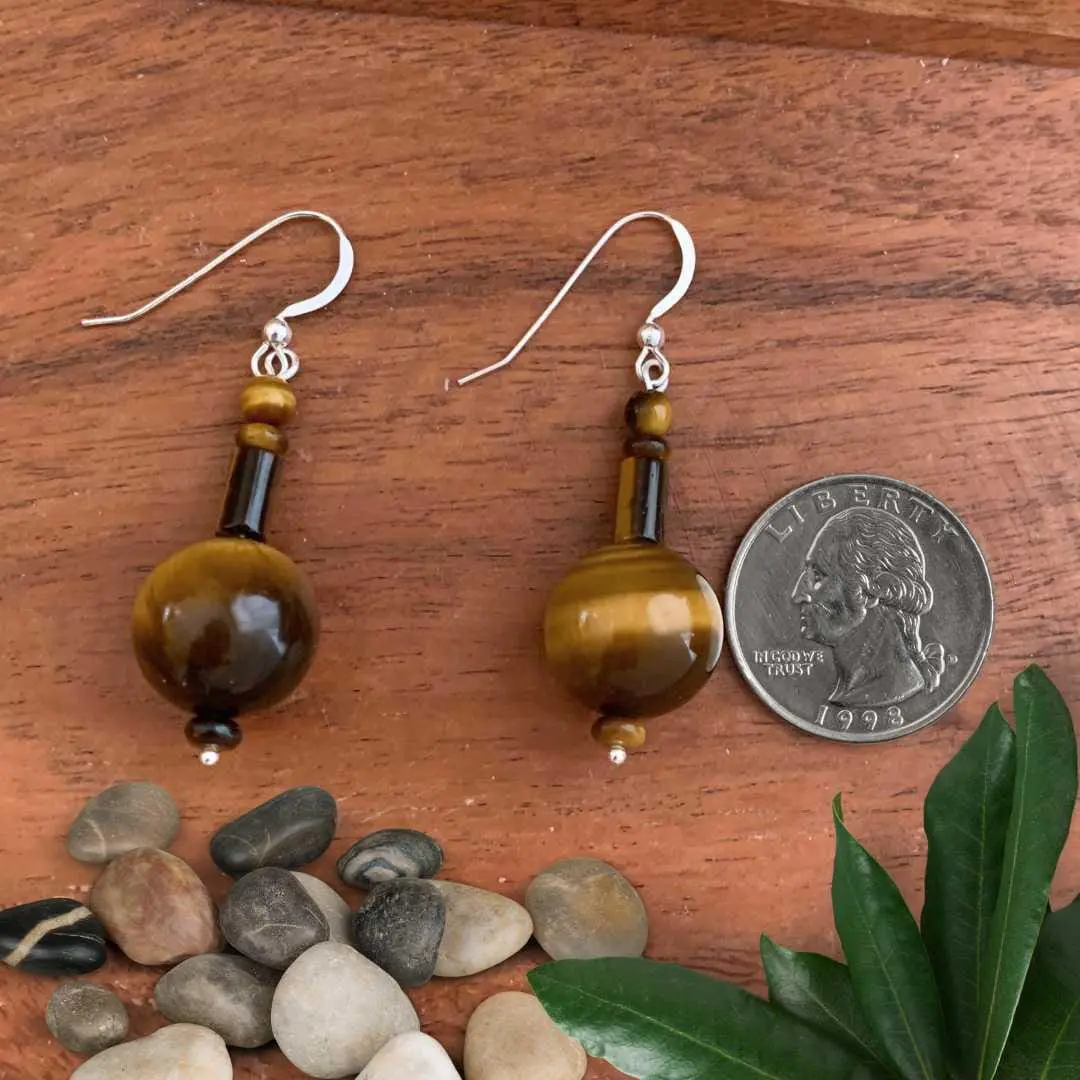 an image of a pair of Mixed Beaded Tiger's Eye Dangle Earrings next to a quarter