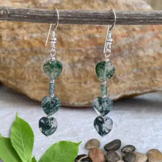 an image of a pair of Triple Moss Agate Heart Earrings