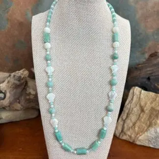 an image of a Mother of Pearl Seashell and Amazonite Necklace