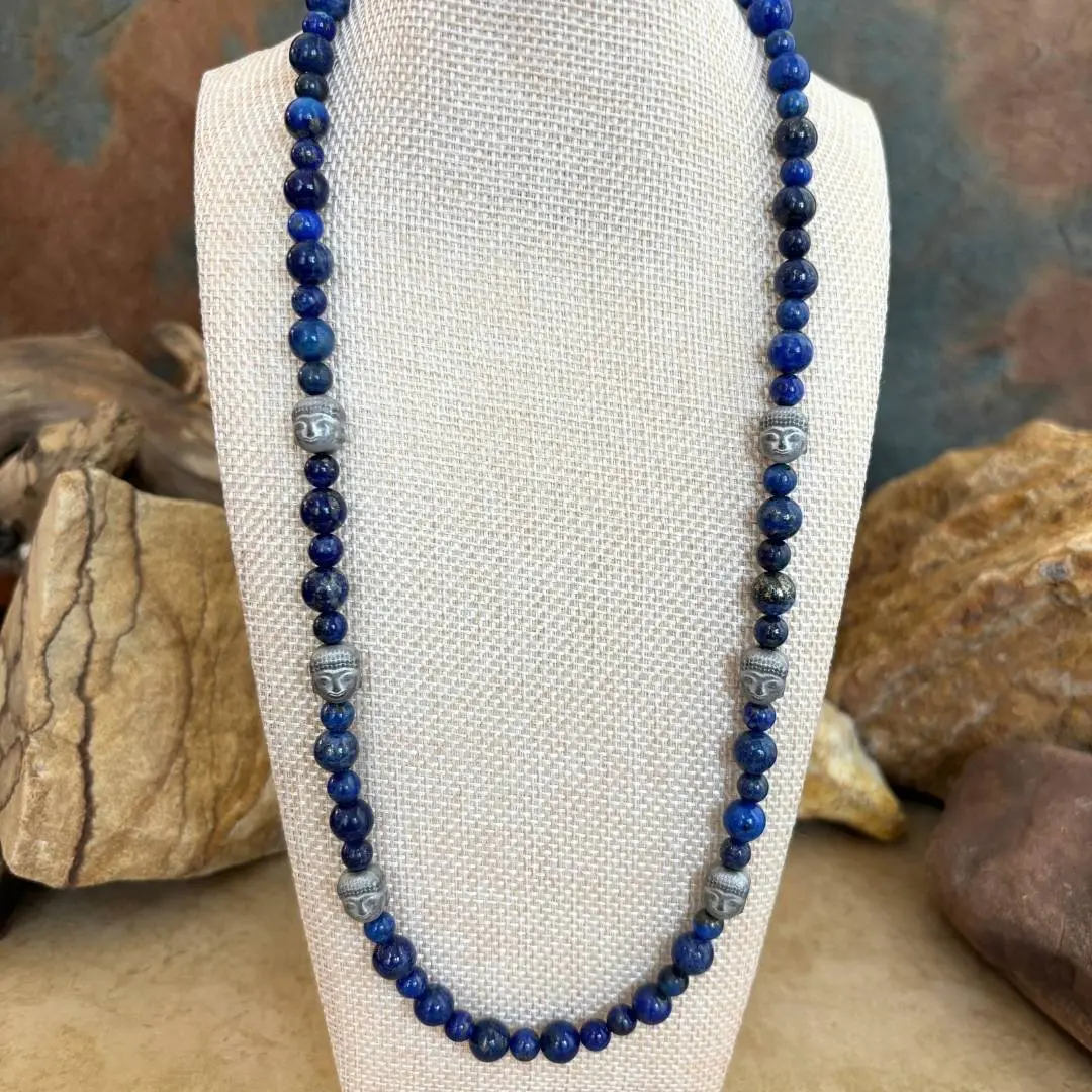 an image of a Hematite Buddhas with Lapis Lazuli Necklace