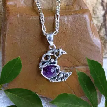 an image of a Dainty Sterling Silver Moon with Amethyst Pendant