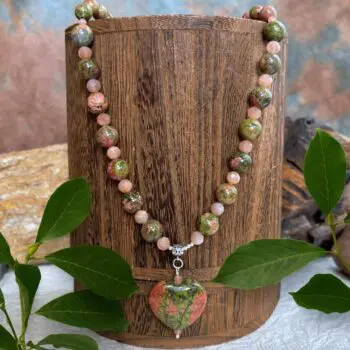 an image of a Unakite and Peach Moonstone Necklace with Unakite Heart focal pendant.