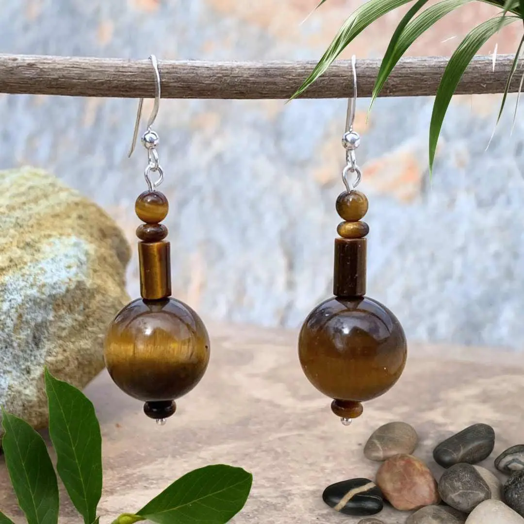 an image of a pair of Mixed Beaded Tiger's Eye Dangle Earrings