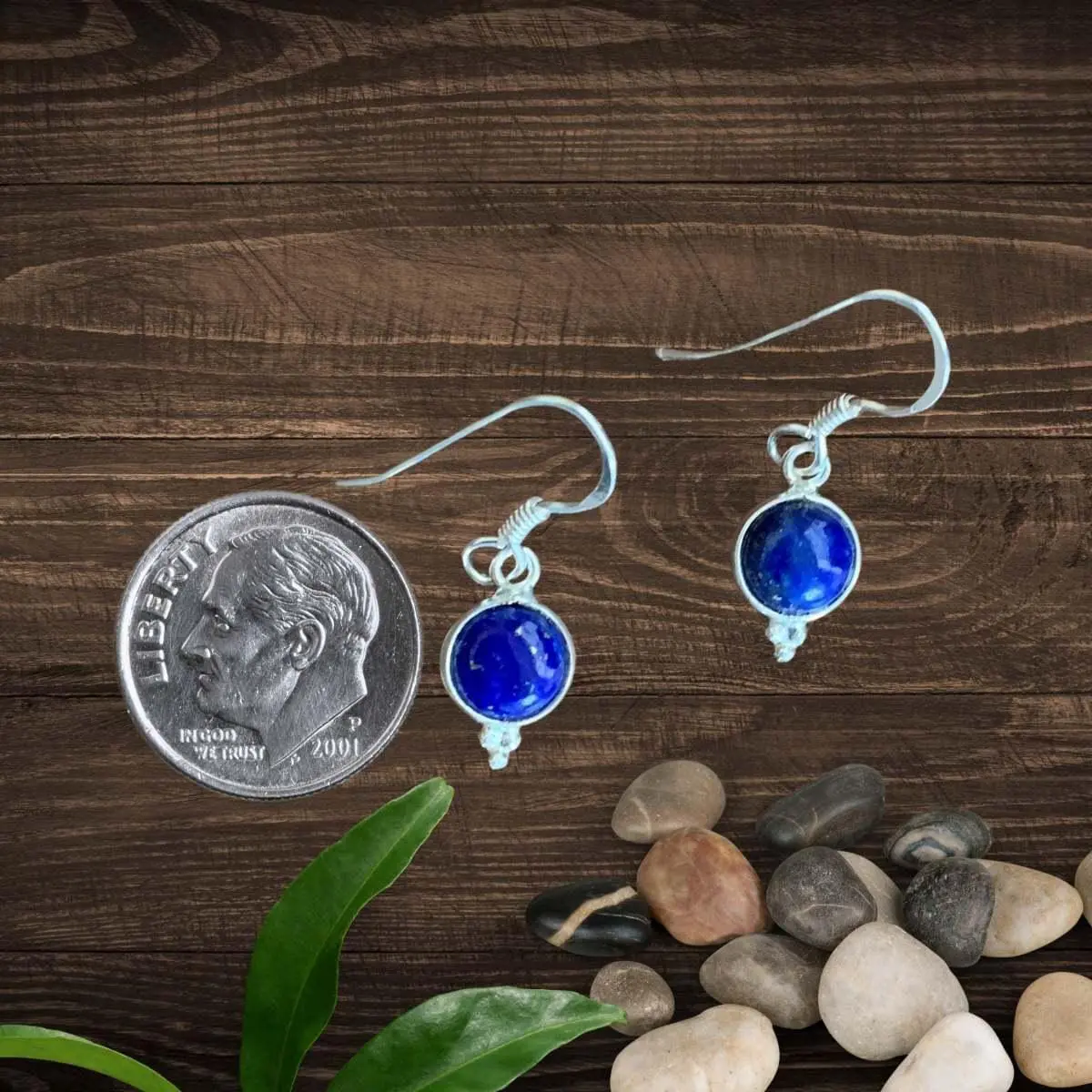 an image of a pair of Petite Round Lapis Lazuli and Sterling Silver Earrings next to a dime