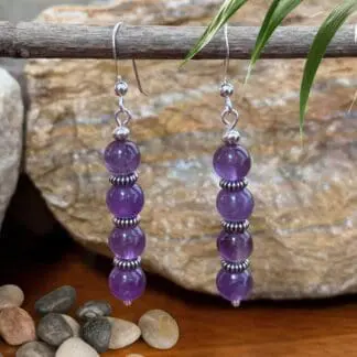 an image of a pair of Round Amethyst and Sterling Silver Beaded Earrings