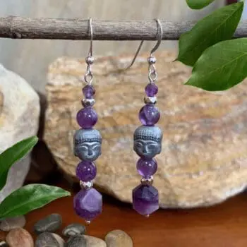 an image of a pair of Beaded Amethyst and Grey Hematite Buddha Earrings
