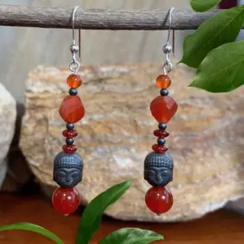 an image of a pair of Beaded Carnelian and Grey Hematite Buddha Earrings