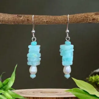 an image of Square Stacked Amazonite with Pearl Beaded Earrings