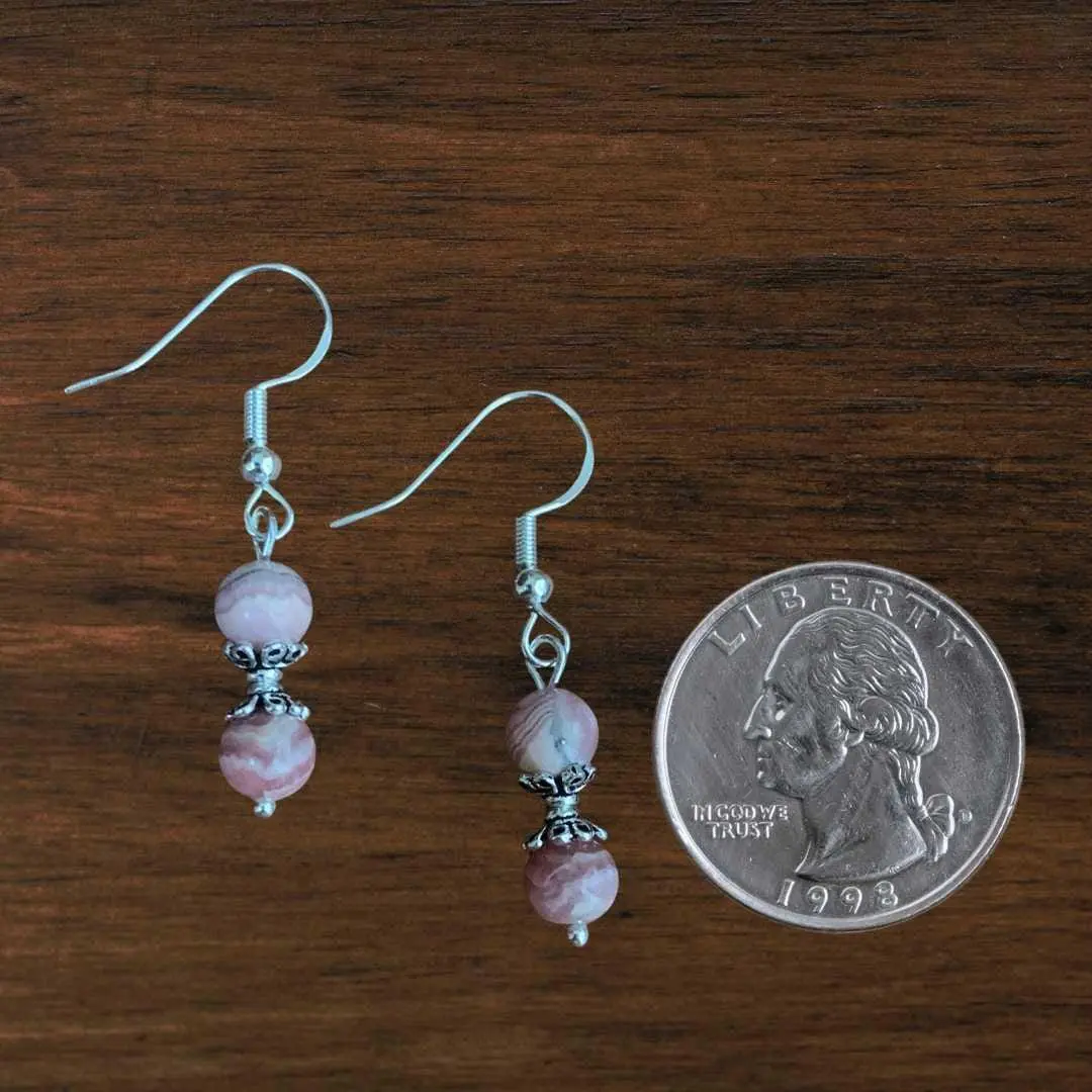 an image of a pair of Dainty Double Rhodochrosite and Sterling Silver Earrings next to a quarter