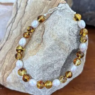 an image of an Amber and Pearl Beaded Bracelet with sterling silver lobster clasp