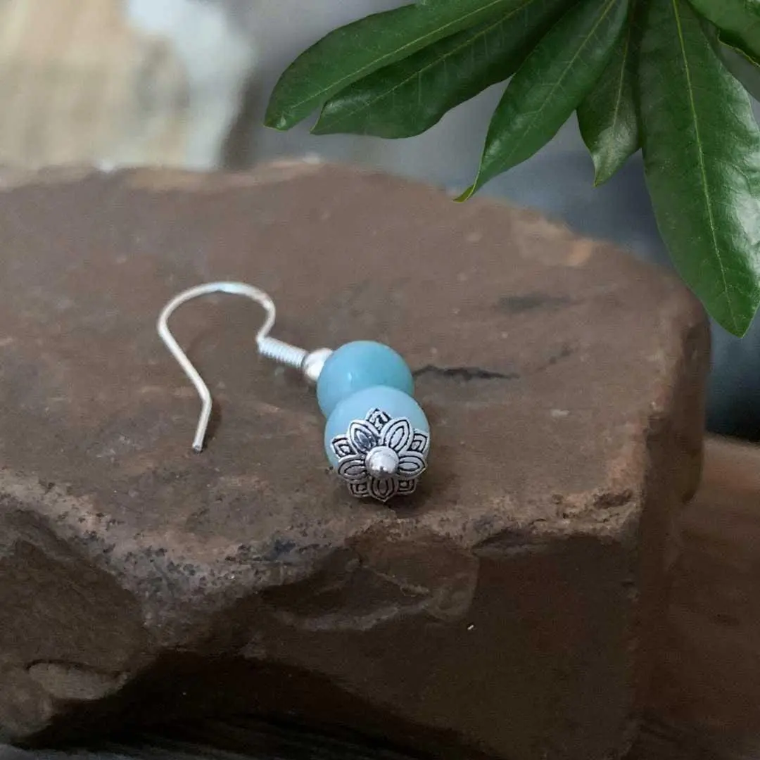 an image of the bottom view of our double Amazonite and sterling silver beaded earrings showing the sterling silver lotus cap