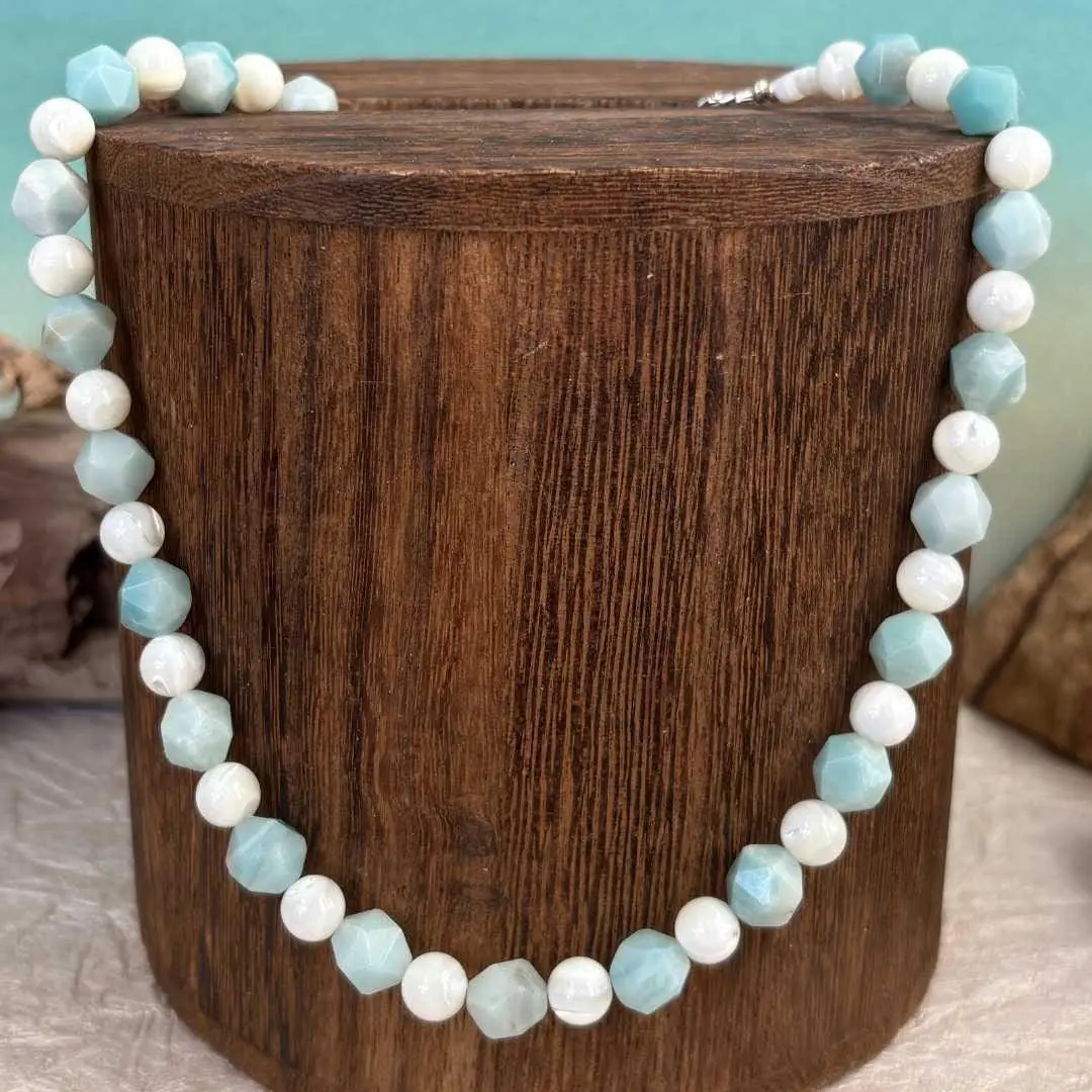an image of our Faceted Amazonite and Mother of Pearl Beaded Necklace