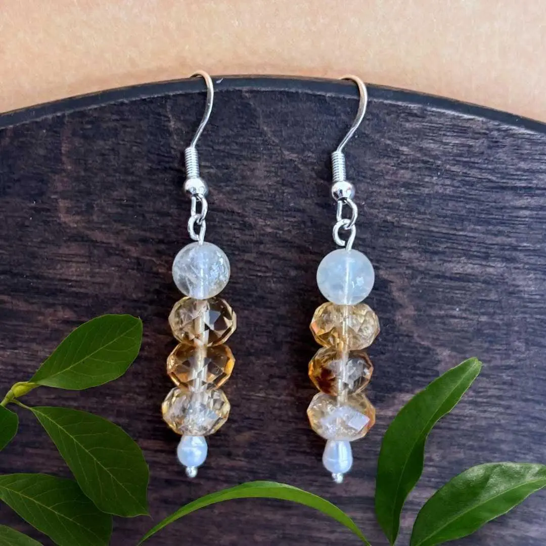 an image of a pair of Stacked Citrine and Pearl Dangle Earrings