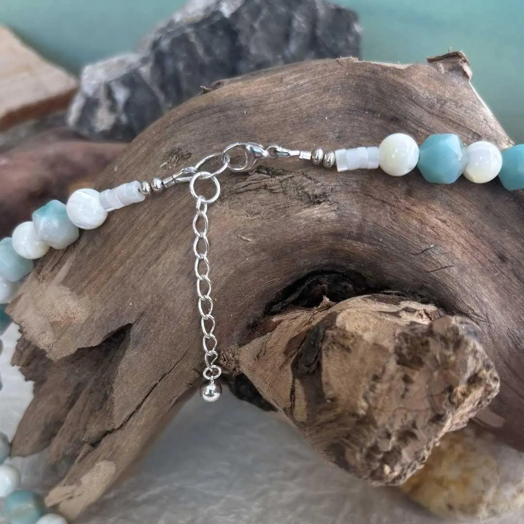 an image of our Faceted Amazonite and Mother of Pearl Beaded Necklace showing the sterling silver clasp