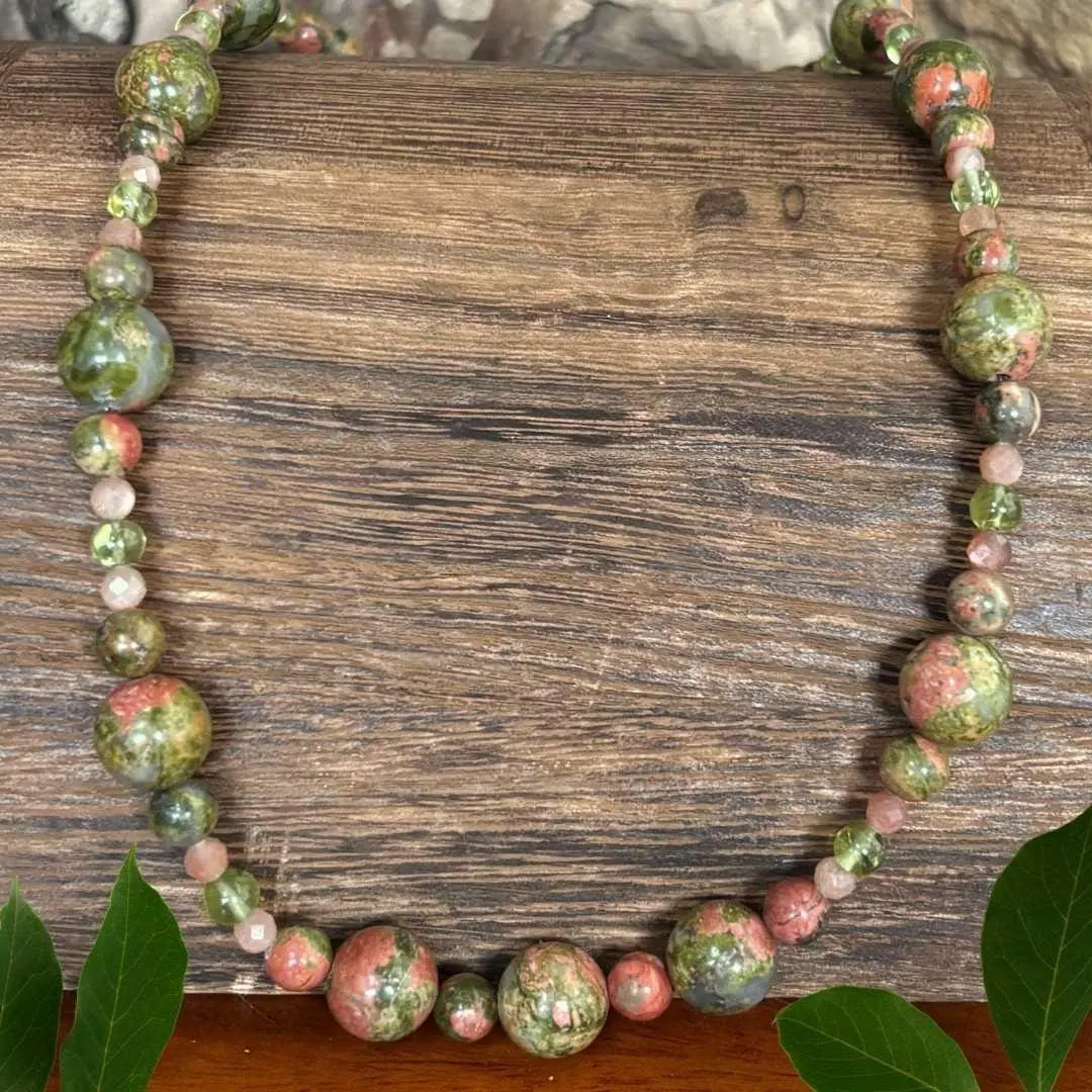 an image of a gemstone beaded necklace that is 19 inches long and has Unakite with Peach Moonstone and Peridot beads