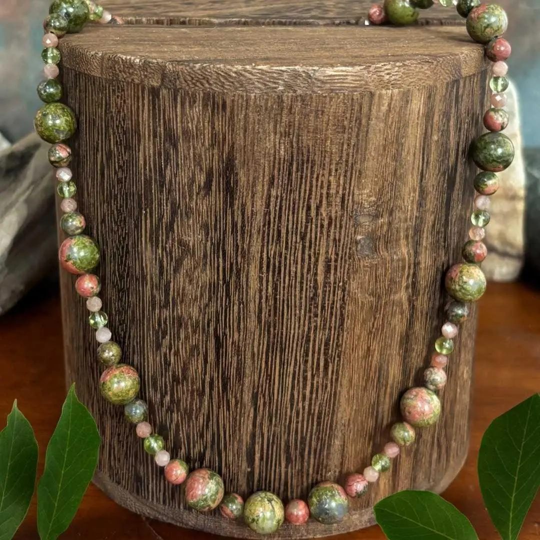 an image of a gemstone beaded necklace that is 19 inches long and has Unakite with Peach Moonstone and Peridot beads