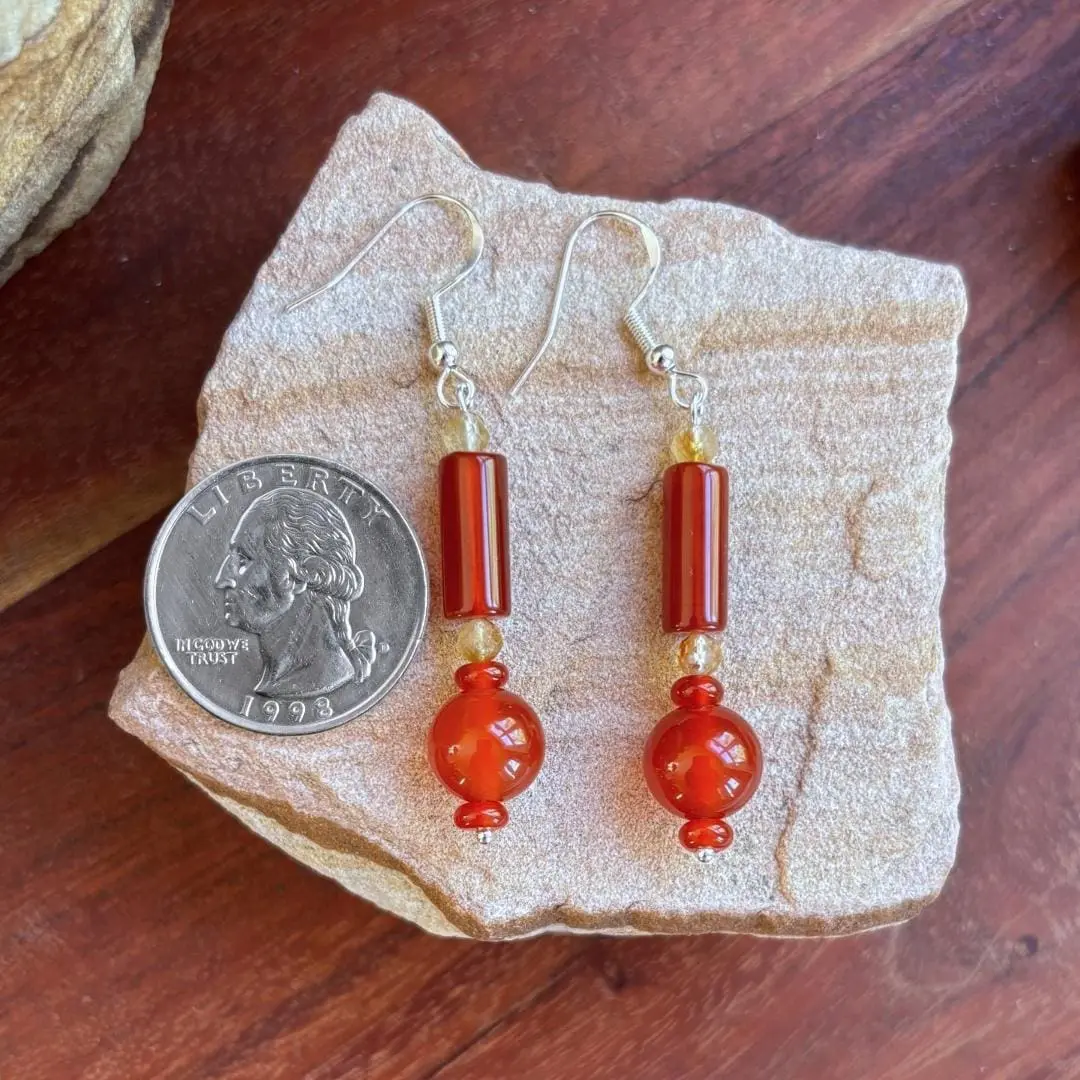 an image of a pair of Carnelian and Citrine Beaded Dangle Earrings with Sterling Silver Earring Hook