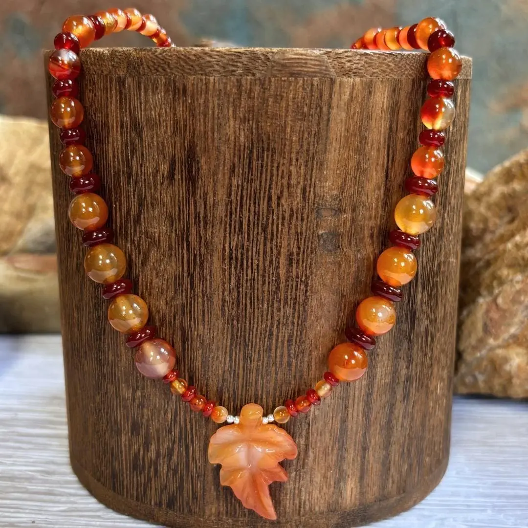 an image of a Carnelian and Sterling Silver Beaded Maple Leaf Necklace