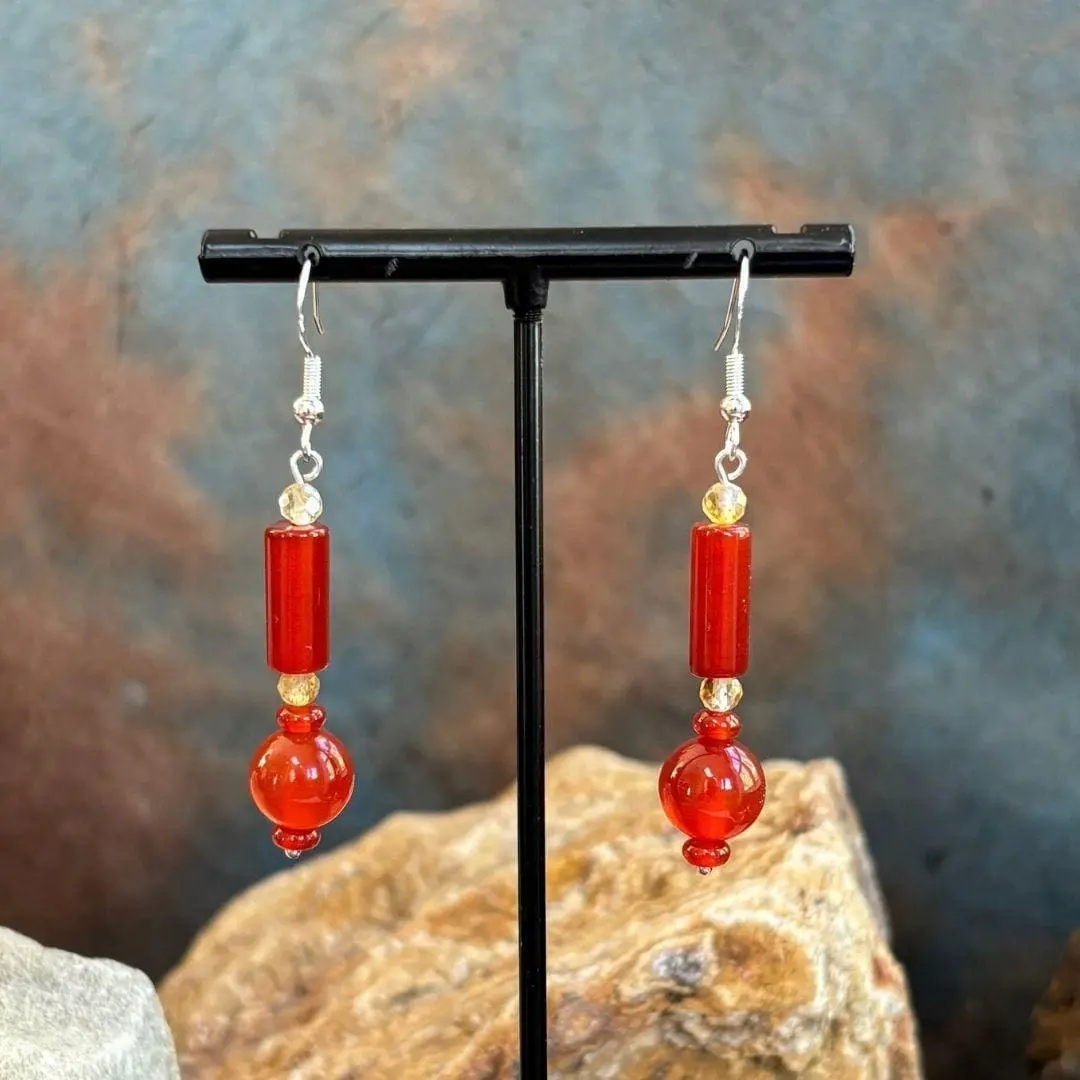 an image of a pair of Carnelian and Citrine Beaded Dangle Earrings with Sterling Silver Earring Hook