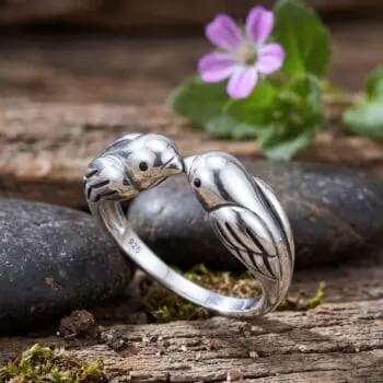 an image of a Sterling Silver Lovebirds Ring showing two birds leaning in for a kiss