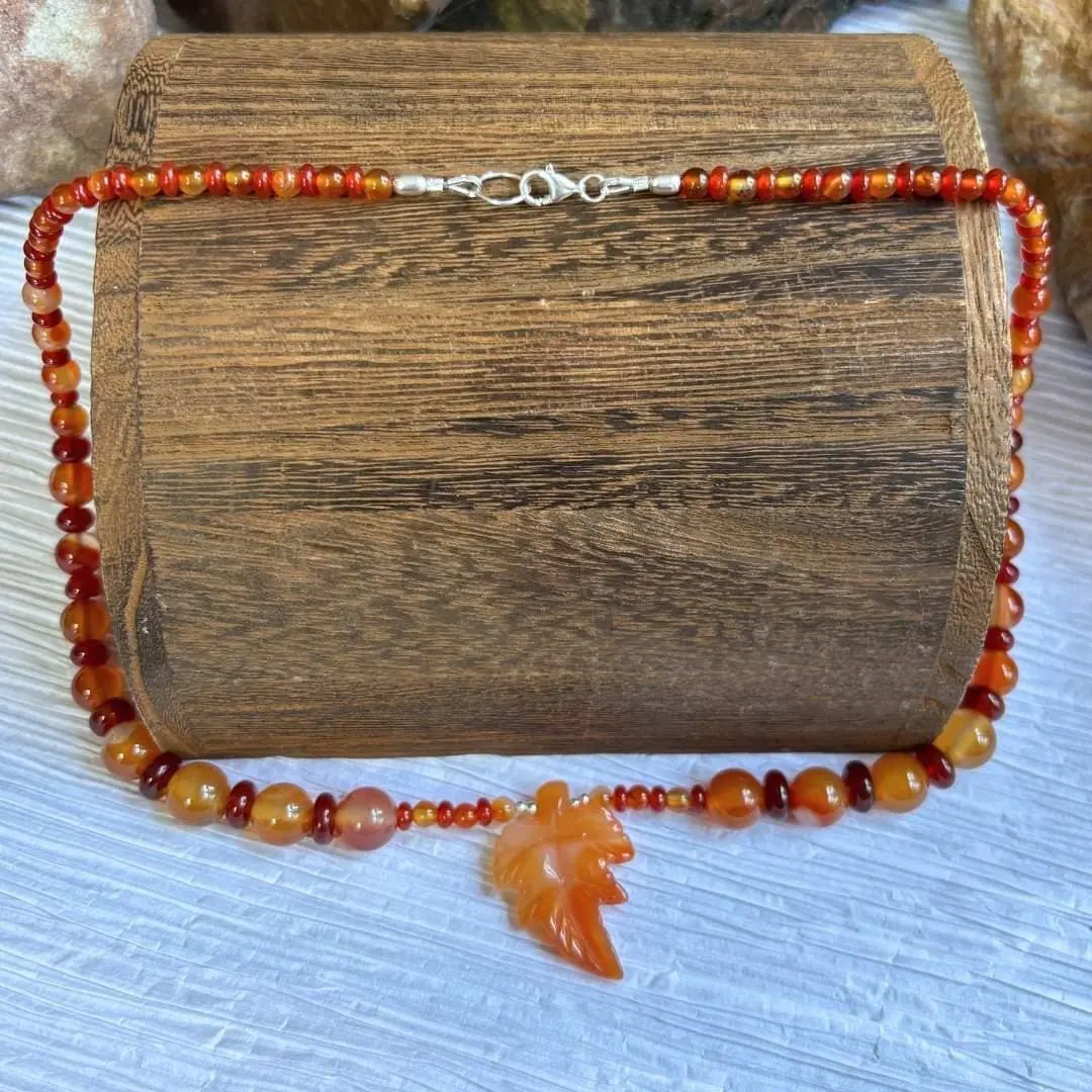 an image of a Carnelian and Sterling Silver Beaded Maple Leaf Necklace showcasing the sterling silver lobster clasp