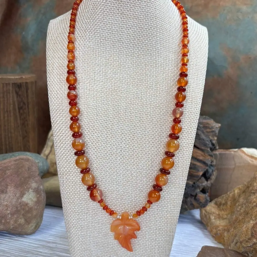 an image of a Carnelian and Sterling Silver Beaded Maple Leaf Necklace