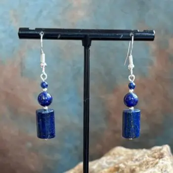 an image of a pair of Lapis Lazuli and Sterling Beaded Earrings that are 1.75 inches long from the top of the earring hook