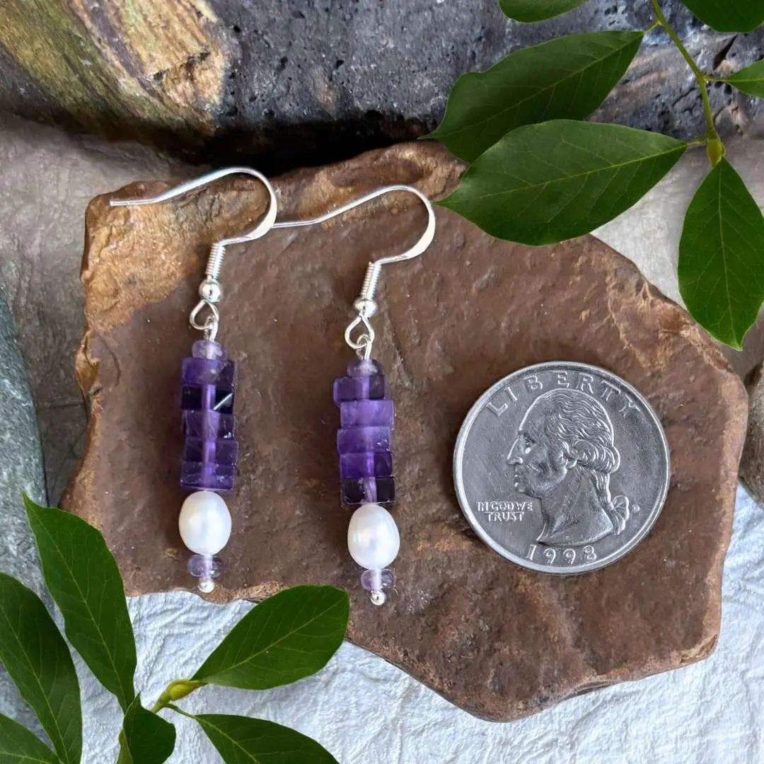 Square Stacked Amethyst with Pearl Earrings - Image 2