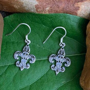 an image of a pair of Fleur de Lis Oxidized Sterling Silver Dangle Earrings that are .70 inches in height