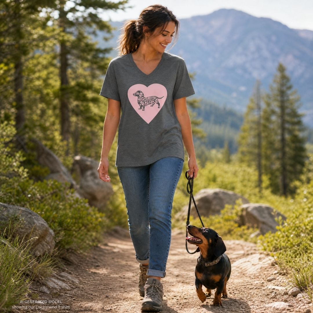 an image of an AI model walking her dachshund and wearing our charcoal grey T-shirt with a grey dachshund over the large pink heart covering the chest.