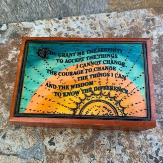 Handcrafted Serenity Prayer Box With Teal background and Yellow Abstract Sun