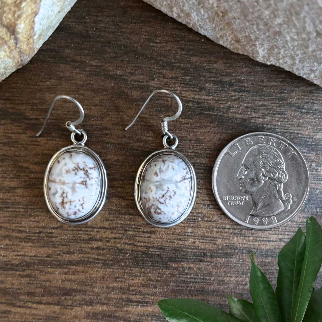 an image of a pair of Rosetta Jasper and Sterling Silver Earrings next to a quarter